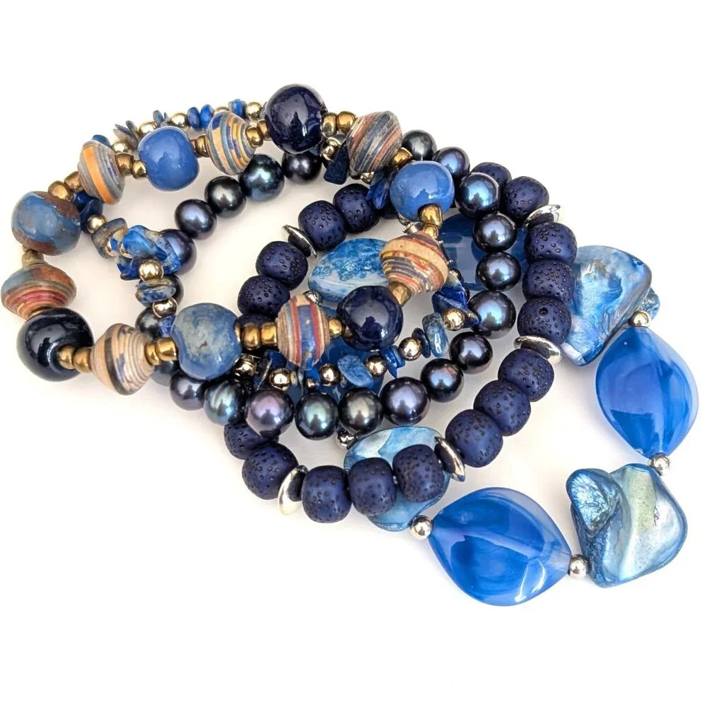 5 shades of blue layering beaded bracelets